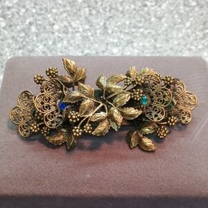 Ornate Gold Leaf Hair Clip with Blue Accents